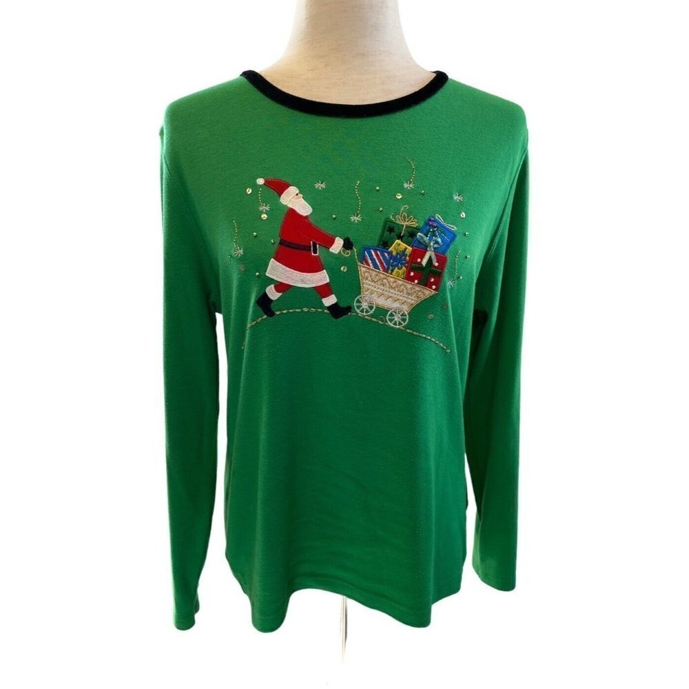 Christmas Novelty T Shirt Sz M Top Green Holiday Sweater Embroidery Beaded Santa